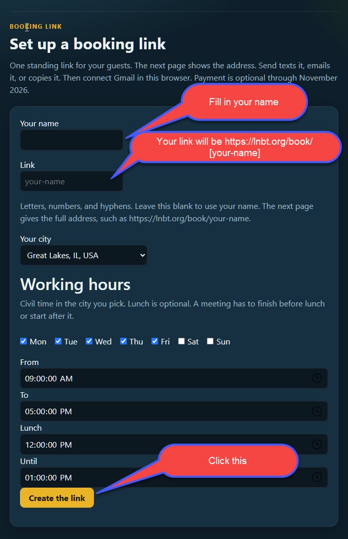 Setup form. Arrows point at the name, the link word, and Create the link.