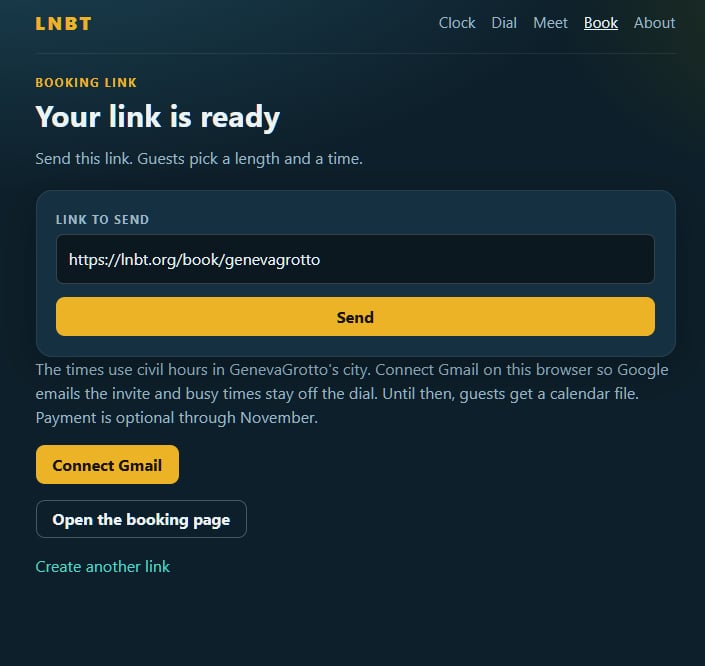 Your link is ready, with the address, Send, and Connect Gmail.