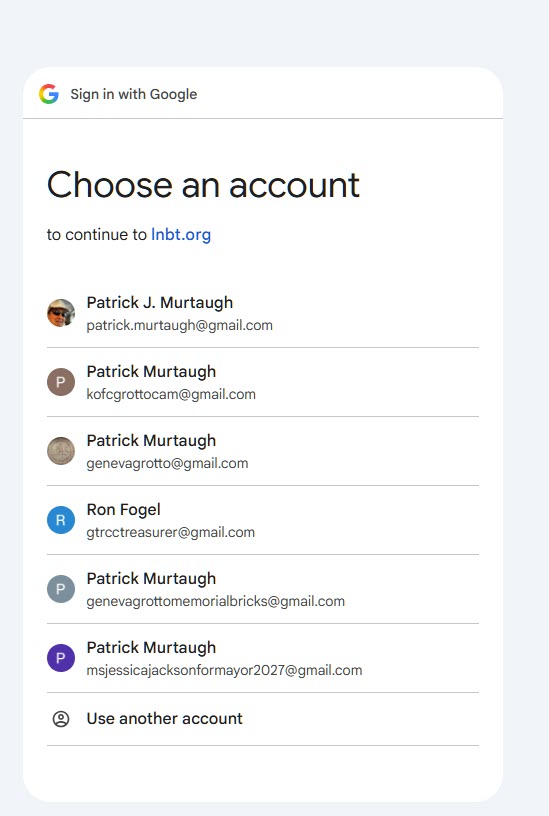 Google account list. Several mailboxes are shown, including genevagrotto@gmail.com.