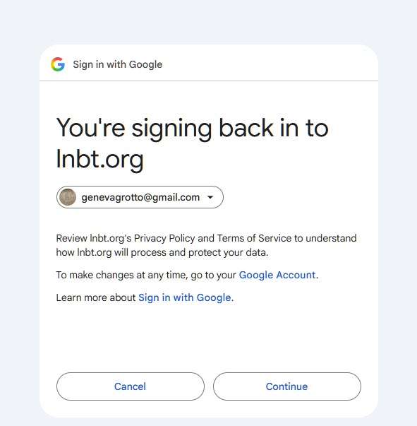 You're signing back in to lnbt.org, with genevagrotto@gmail.com shown.