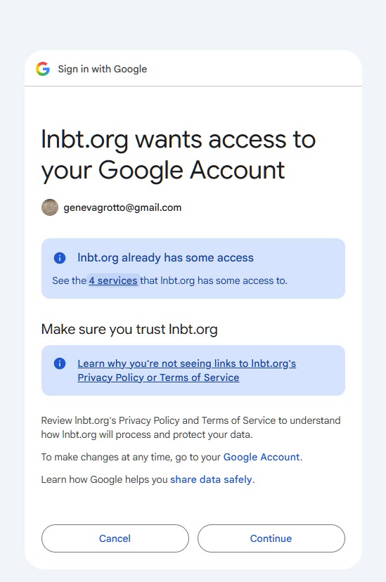 lnbt.org wants access to the Google account. Continue is at the bottom right.