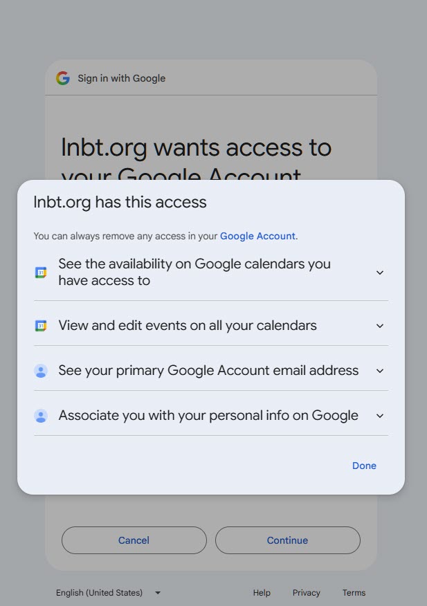 The four access lines, with Done at the bottom of the list.
