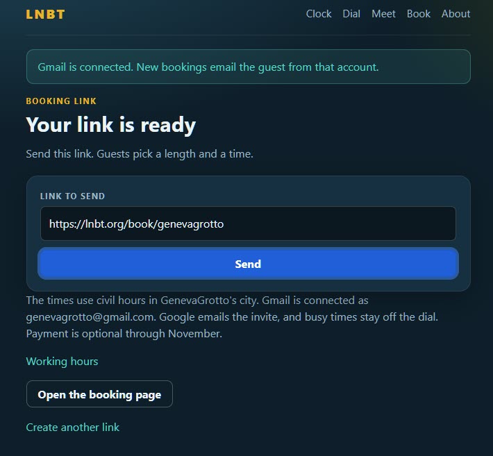Your link is ready, Gmail is connected, and Send is on the page.