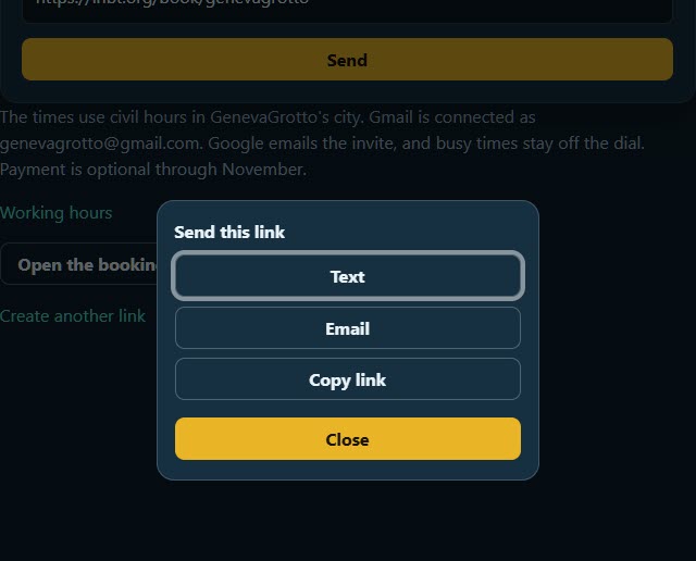 Send this link, with Text, Email, Copy link, and Close.